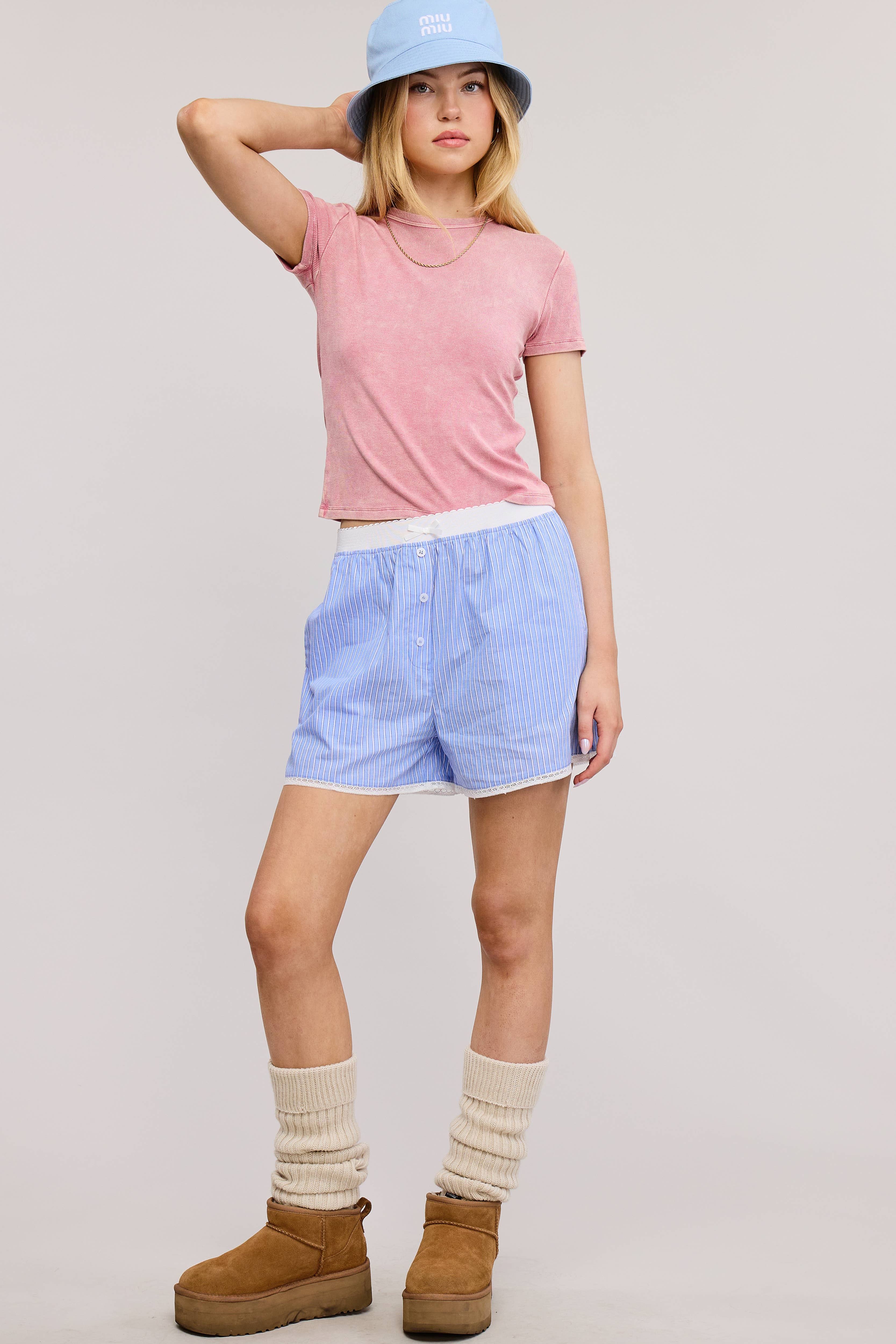 Mimosa - Wholesale Shorts - Women's - Scalloped Lace Hem Striped Boxer Style Shorts6