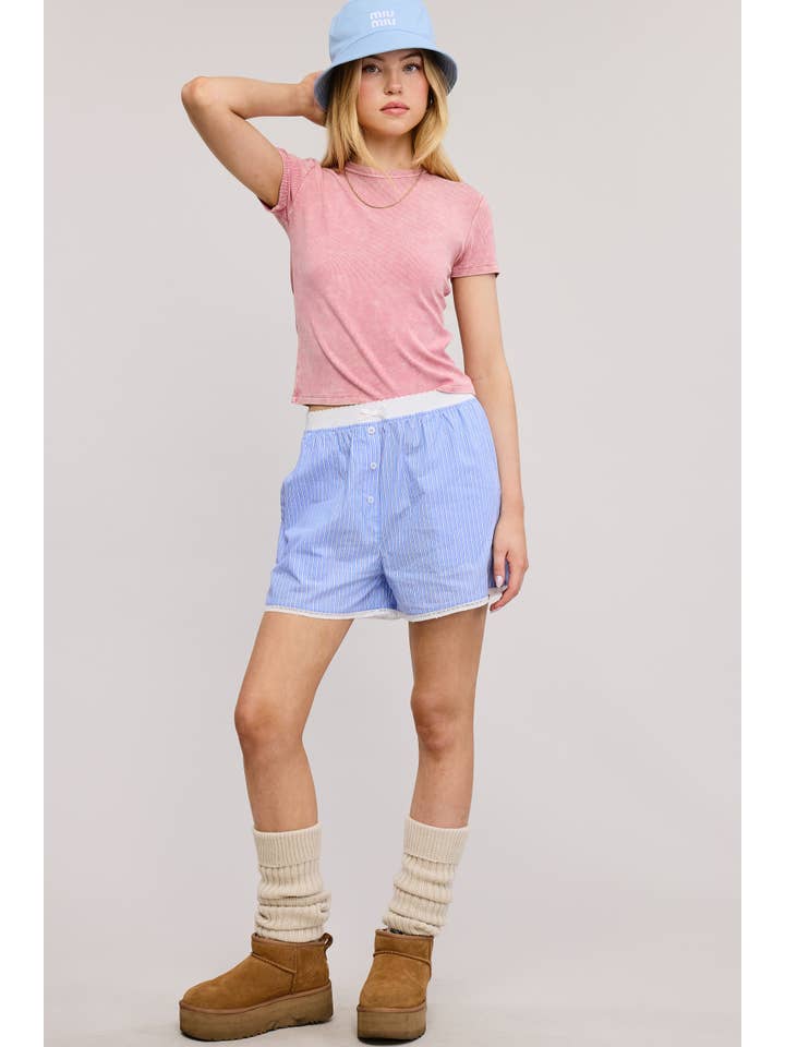 Mimosa - Wholesale Shorts - Women's - Scalloped Lace Hem Striped Boxer Style Shorts6