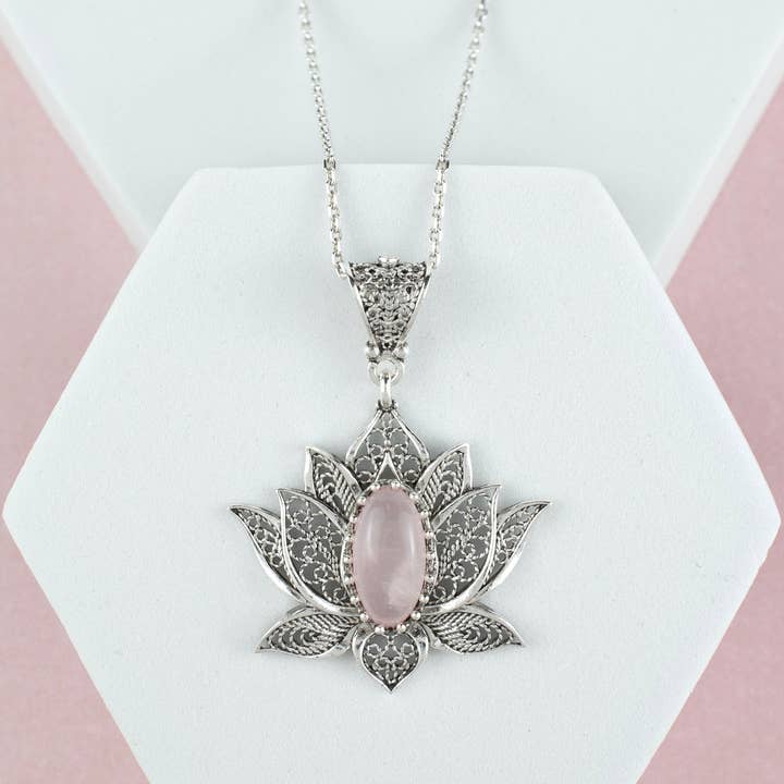 Filigranist Jewelry - Wholesale Pendant/Charm Necklace - Sterling Silver Filigree Lotus Rose Quartz Gemstone Woman Pendant Necklace7