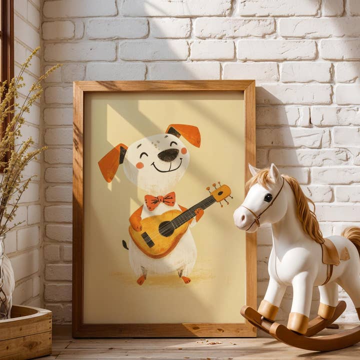 Impresión de Arte Infantil | Motivo de Perro con Guitarra | Naranja para venta al por mayor de Artsriver