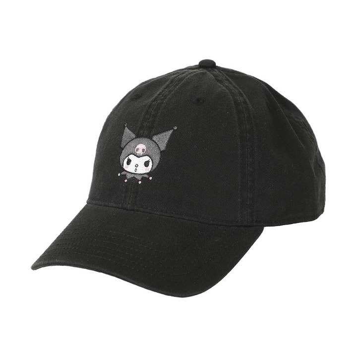 Kuromi Embroidered Character Face Black Unstructured Baseball Cap for wholesale by Bioworld Merchandising