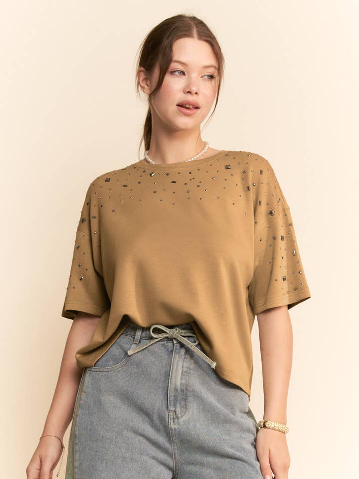 Davi & Dani - Wholesale Knit Top - Women's - HOTFIX STUDDED SHORT SLEEVE LOOSE FIT TOP0
