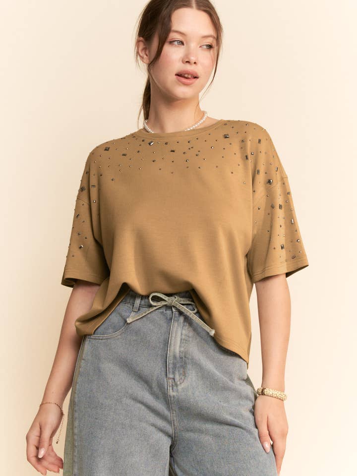 HOTFIX STUDDED SHORT SLEEVE LOOSE FIT TOP for wholesale by Davi & Dani