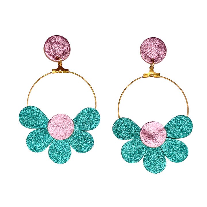 Turquoise and pink leather daisy earrings for wholesale by Manali
