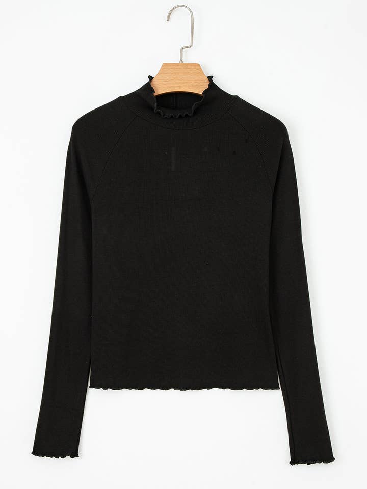 Lovesoft – wholesale Knit top – Women's – Black Ribbed Knit Lettuce Trim High Neck Long Sleeve Top3