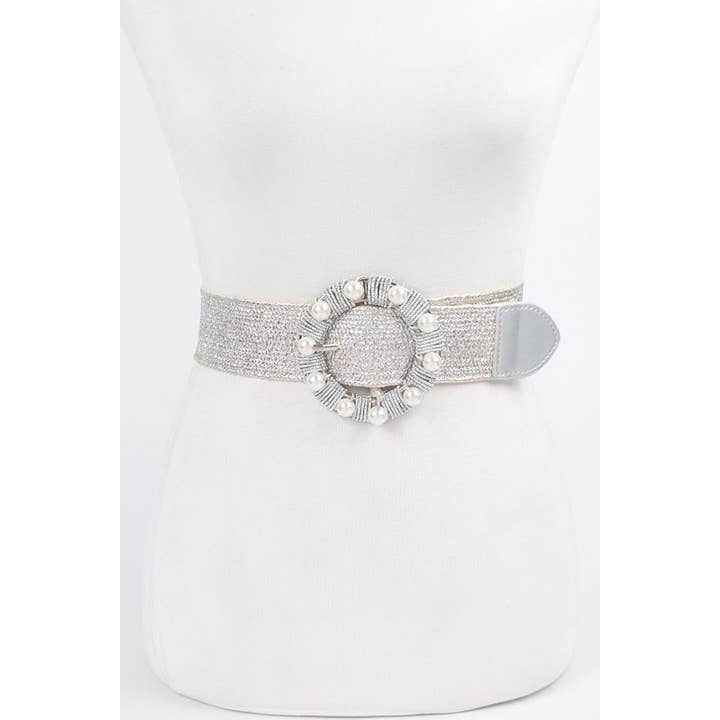 anbfashion - Wholesale Belt – Women's - Metallic Stretch Plus Size Belt Pearl Metal Bucklt HB87622