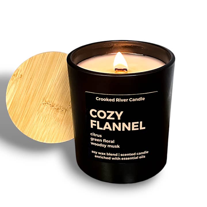 Crooked River Candle - Wholesale Jar/Filled Candle - Cozy Flannel Candle - Matte Black Jar w/ Bamboo Lid1