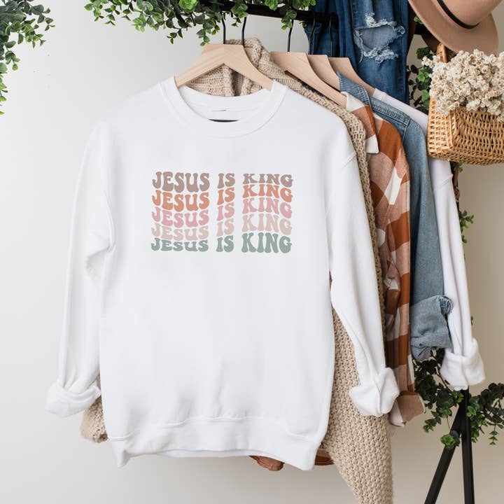 Jesus Is King Wavy | Sweatshirt | Faith | Religious for wholesale by Uplifting Threads Co Wholesale