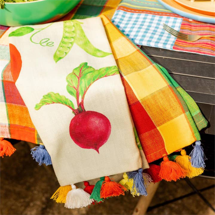Tea Towels – Veggie & Color Pop Plaid with Tassels (Pk/04 Se for wholesale by Audrey's Home & Gift