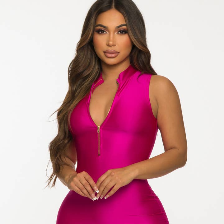 D13469 Front Zipper Nylon Mini Dress for wholesale by Uptown Apparel