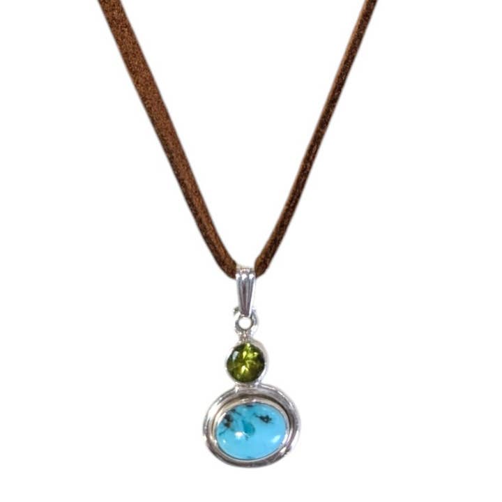 SALE Sterling Turquoise & Peridot Pendant on Suede Necklace for wholesale by Saraswati Imports