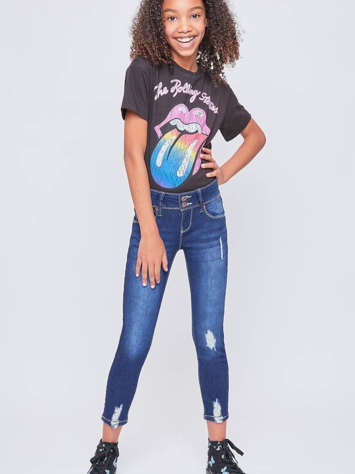 Girls Essential 2 Button Anklet Jeans W/Distressed-GP245541 for wholesale by YMI