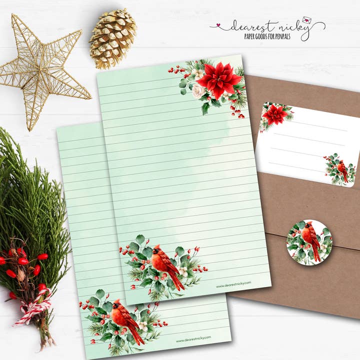 Dearest Nicky - Wholesale Stationery/Notecard Set - Christmas Cardinal Letter Writing Set