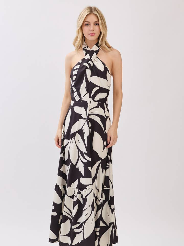 Robe Maxi à Col Halter Torsadé à Imprimé Feuilles HD3143-NOIR pour la vente par B I G H I T Fashion