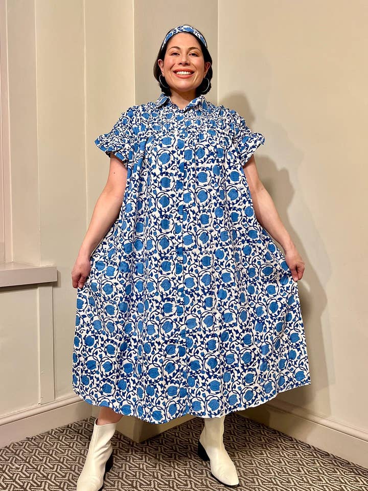 Designerfriday - Venta al por mayor Vestido - Mujer - Vestido Mara Midi Smock Block con estampado de bloques, pedido anticipado3