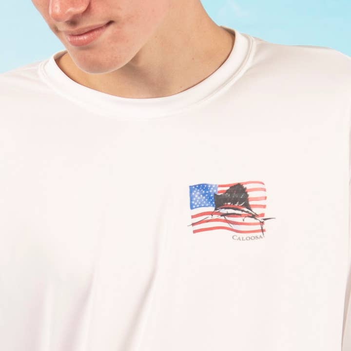 White "Sailfish Pledge" UPF 50 Performance Ultra Comfort Shirt for wholesale on Faire2