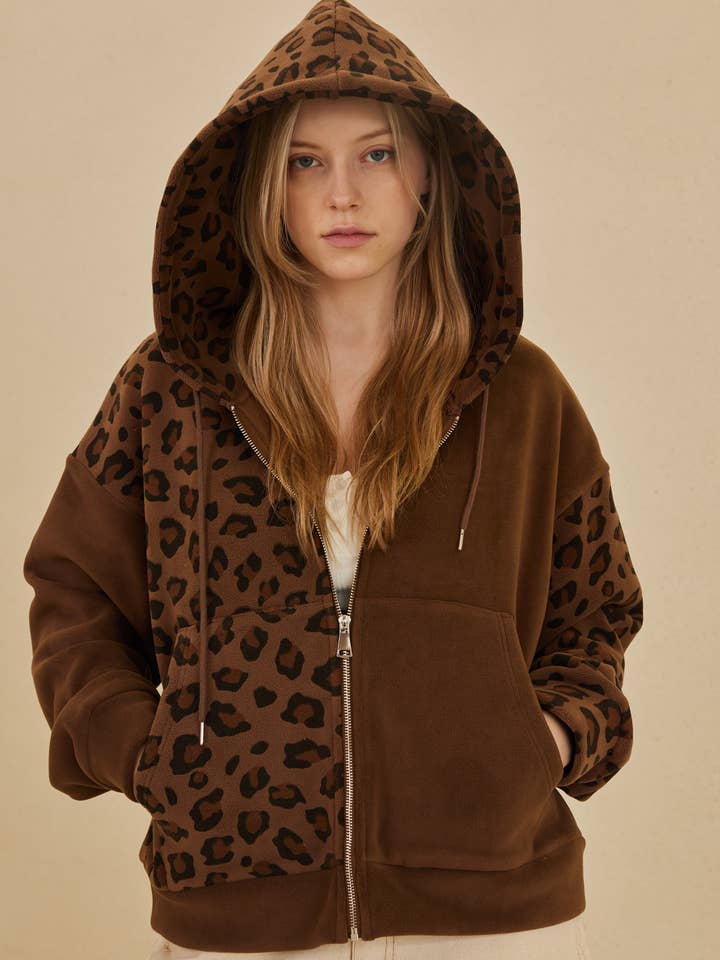 Zip Up hooded Sweatshirt with Leopard Print for wholesale by Mello.