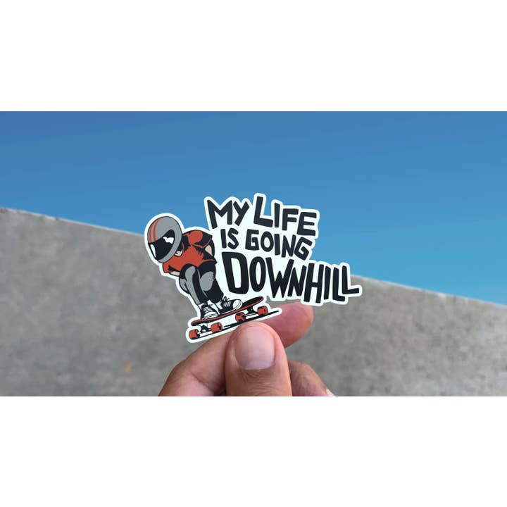 Vinyl-Skateboard-Aufkleber „My Life is Going Downhill“ für den Großhandel von Flow State Supply Co.