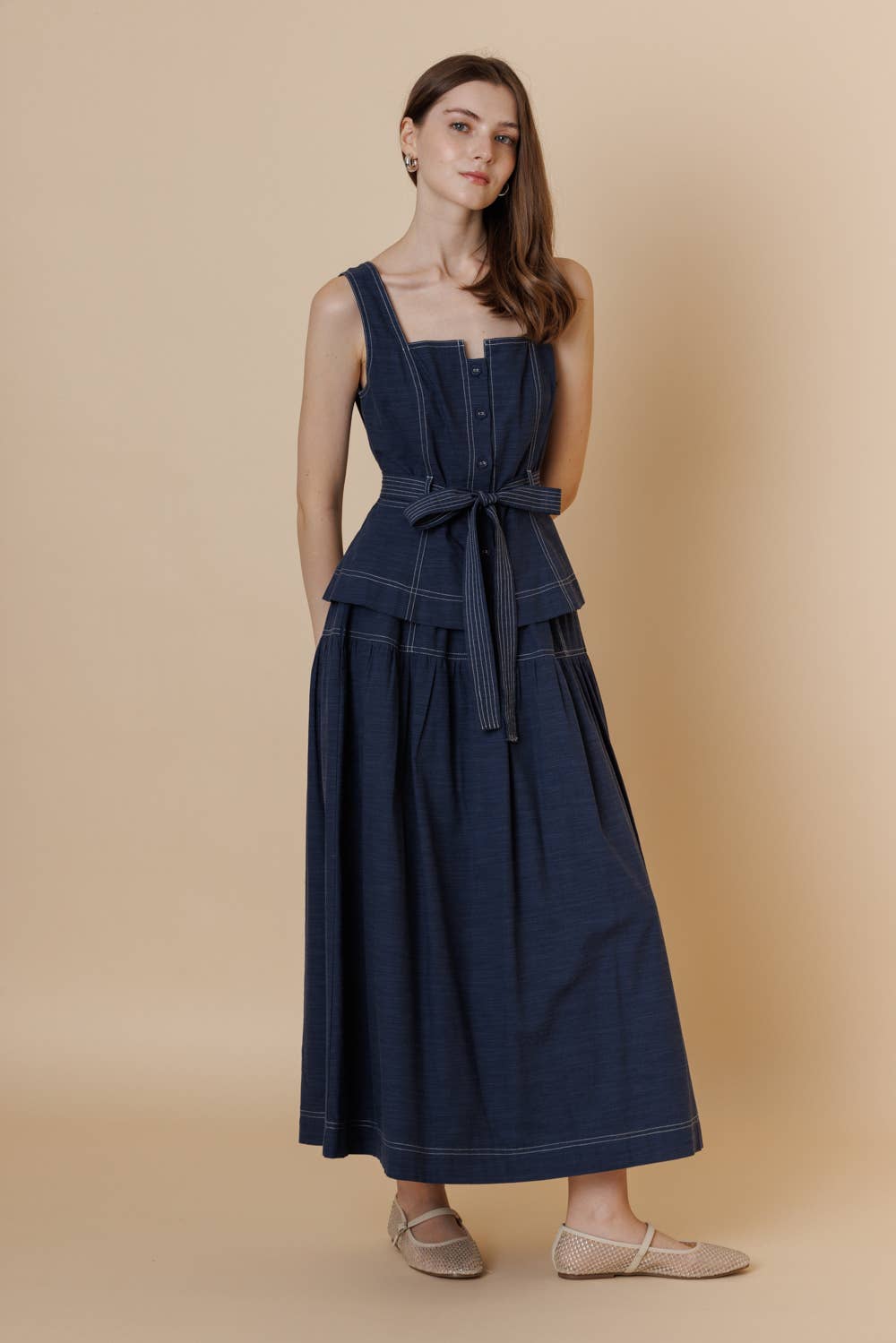 A & SHE - Wholesale T-Shirt - Women's - Square Neck Button Down Contrast Stitch Belted Top15