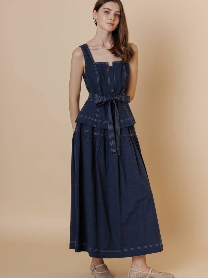 A & SHE - Wholesale T-Shirt - Women's - Square Neck Button Down Contrast Stitch Belted Top15