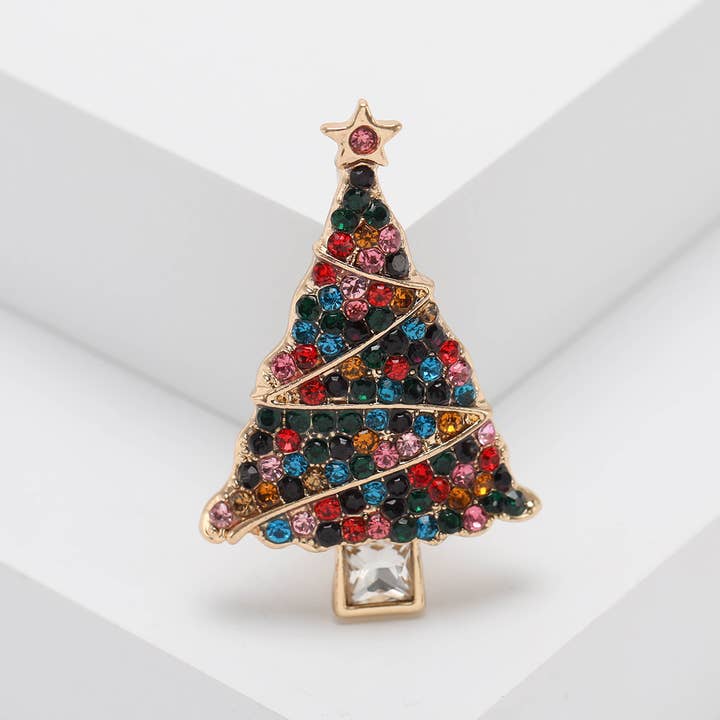 Multicolored Rhinestone Christmas Tree Brooch Holiday Pin for wholesale by Tourtiwi