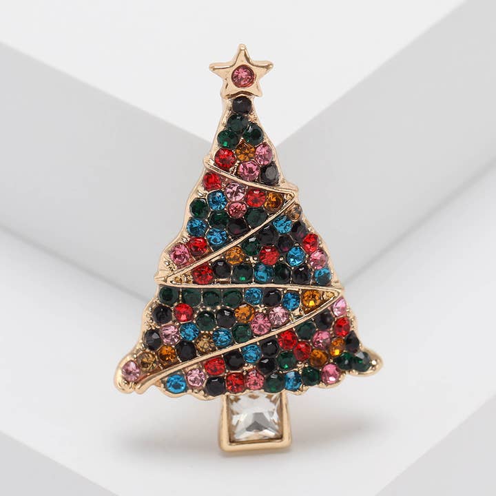 Multicolored Rhinestone Christmas Tree Brooch Holiday Pin for wholesale by Tourtiwi