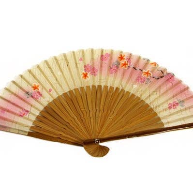 Éventail pliant en soie Geisha Fleur de cerisier avec bambou brun pour la vente par World Treasure Trading