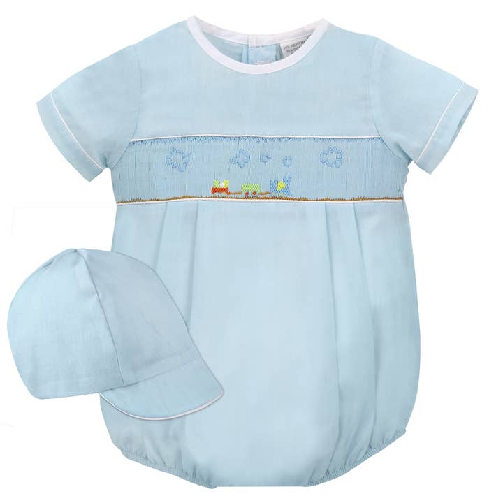 Julius Berger & Carriage Boutique - Wholesale Clothing Set - Baby - Baby Boy Creeper Romper With Hat - Blue Train