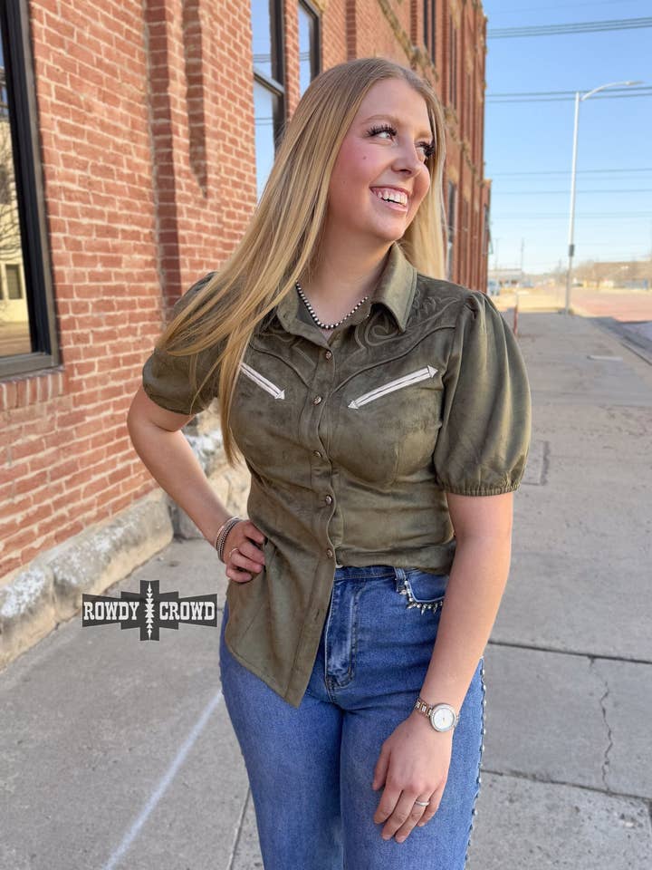 Rowdy Crowd Clothing - Wholesale Button Down Shirt - Women's - OLIVE- Calaboose Top2