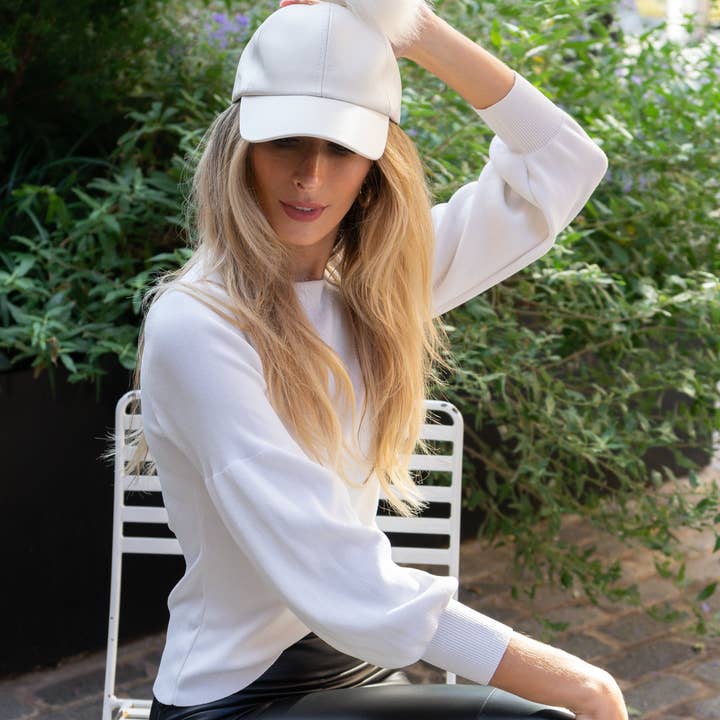 WHITE Magid Faux Leather & Fur Pom Pom Baseball Cap for wholesale on Faire