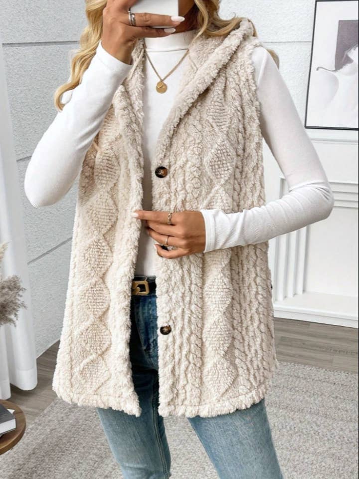 Rosa Clothing - Wholesale Outerwear Vest - Women's - Textured Leisure Double-Sided Plush Hooded Vest