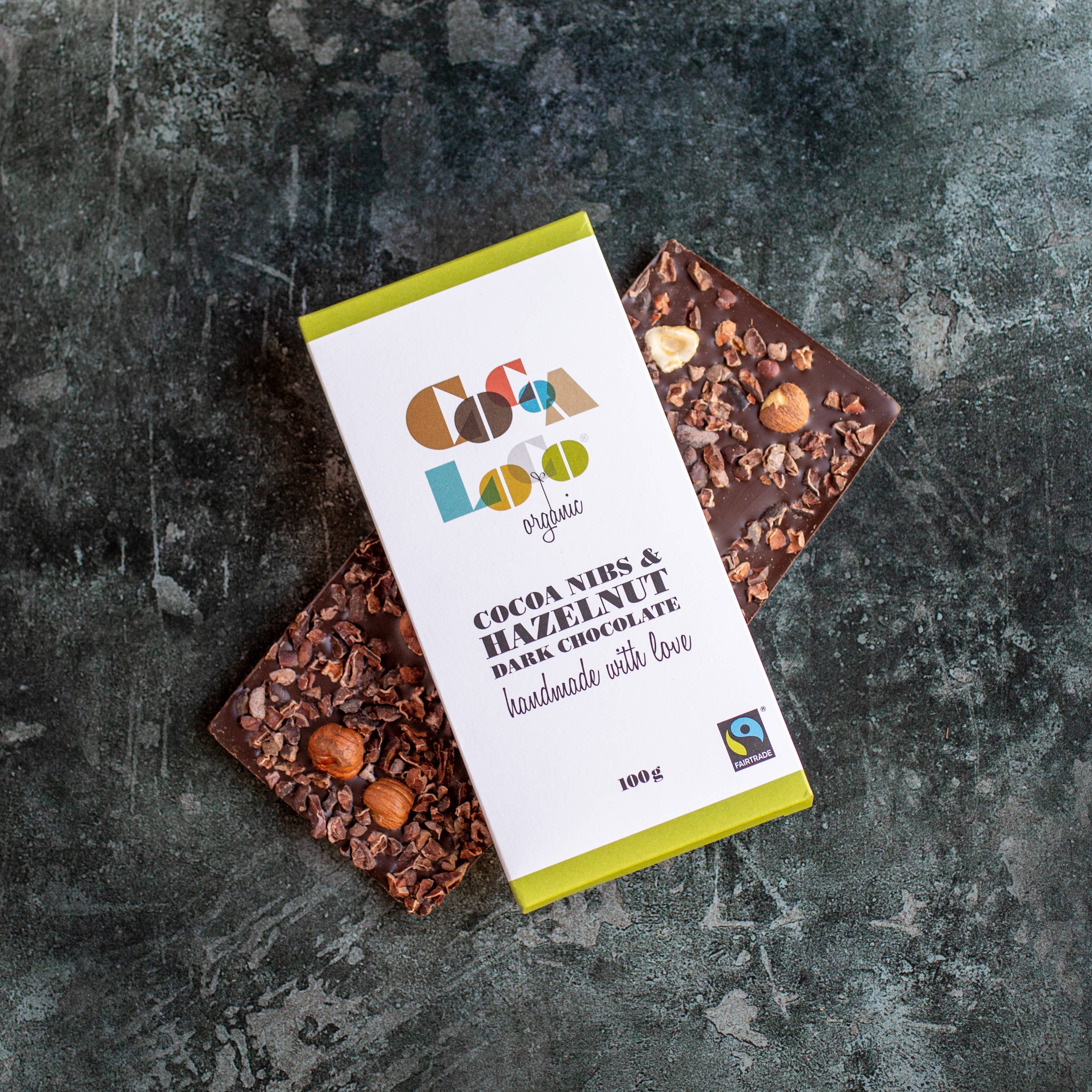 Cocoa Loco – wholesale Chocolate bar – Dark Chocolate, Cocoa Nibs & Hazelnut Bar – 100g1