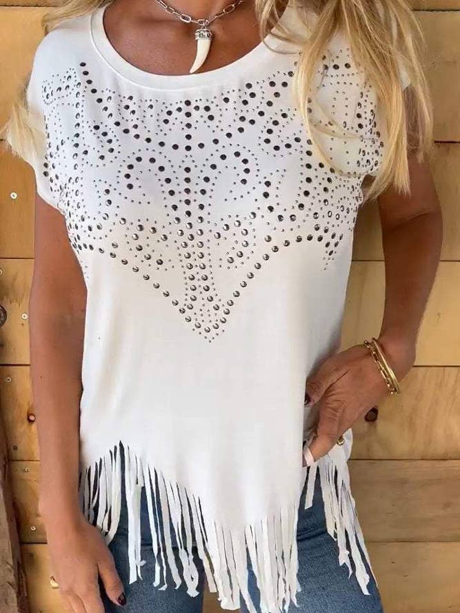 UNISHE - Vente Chemisier – femme - Top uni à manches courtes avec franges, col rond ZK19122