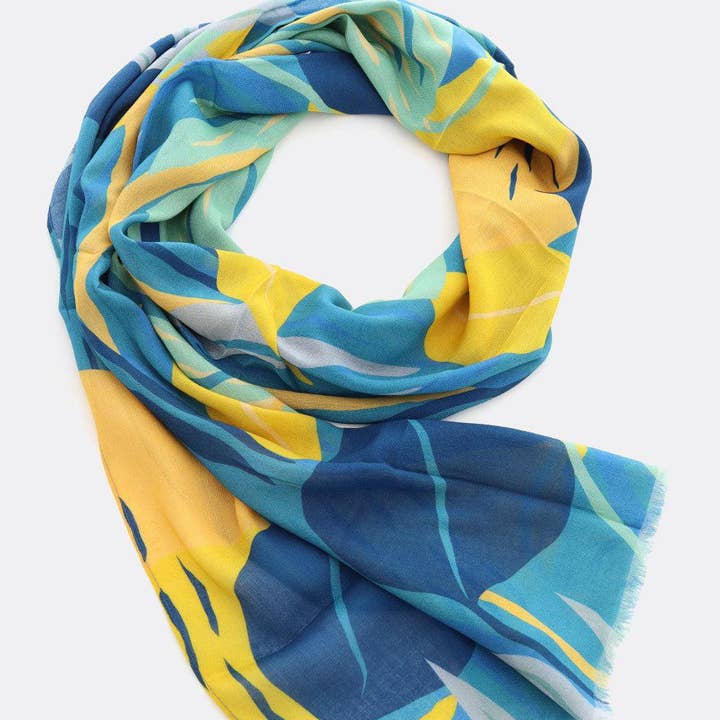 Djian - Wholesale Scarf - Women's - Scarf Ecovero (TM) / Big Leaves – blue / yellow0