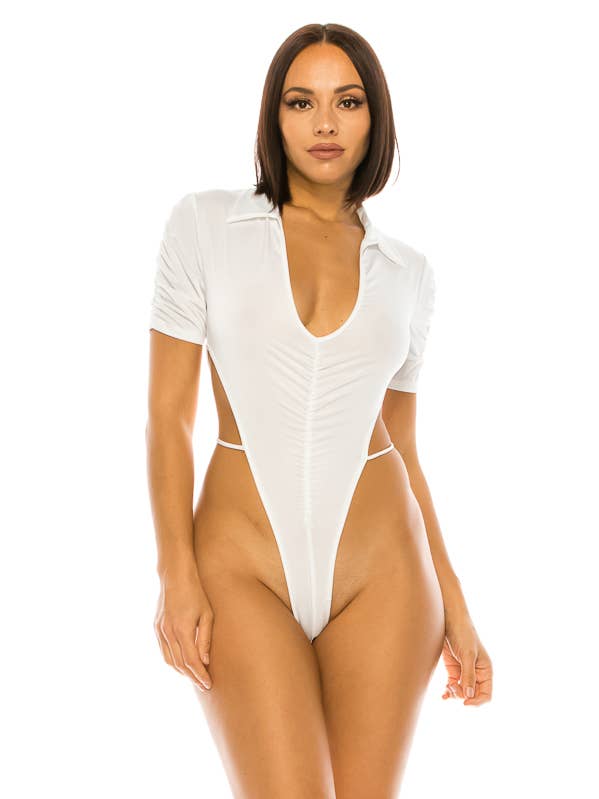 SOLID COLLARED RUCHED BODYSUIT for wholesale by A3 Design USA