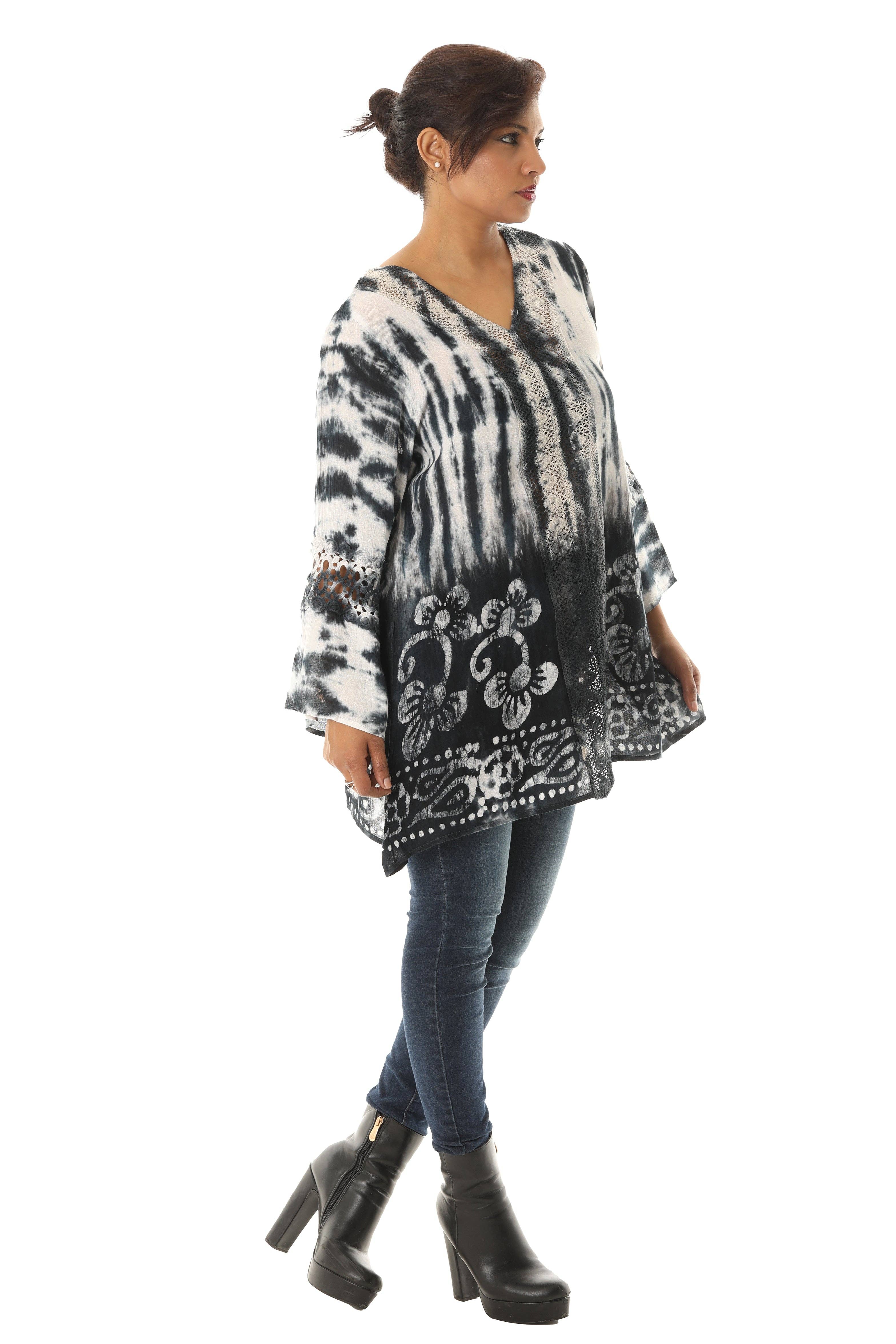 Shoreline Wear. INC – wholesale Tunic – Women’s – Long Sleeve Tie Dye V-Neck Tunic with Floral & Mesh Pattern5