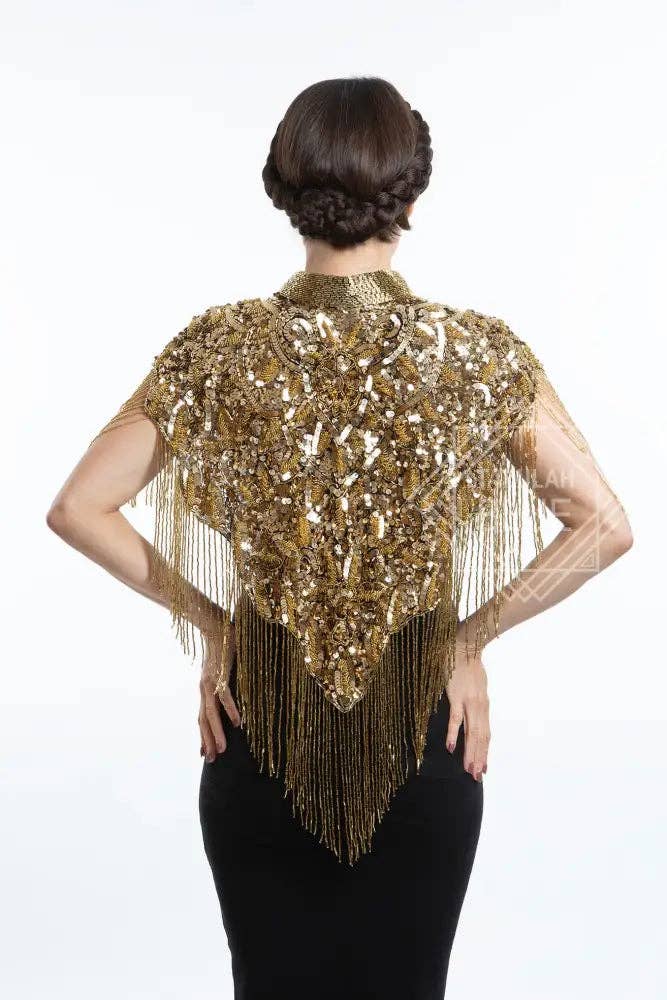 Talulah Blue - Wholesale Cape - Women's - 1920 Gold Embellished Beaded Great Gatsby Cape Fringe Top2