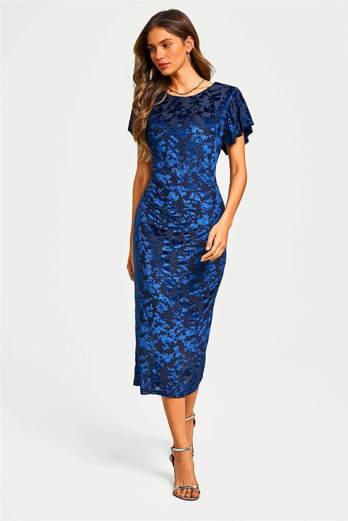 Marina Militare Abito Midi Attillato in Velluto Devore Floreale con Maniche a Sbuffo in Blu Navy in vendita all'ingrosso su Faire3