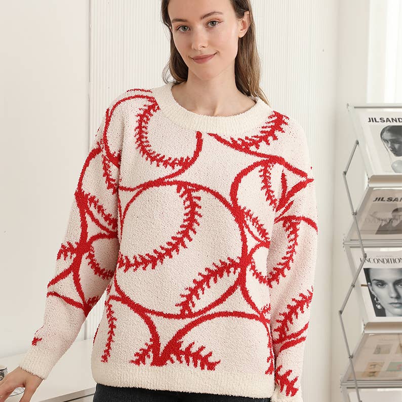 Baseball Jacquard Cozy Crew Neck Sweater  for wholesale on Faire3