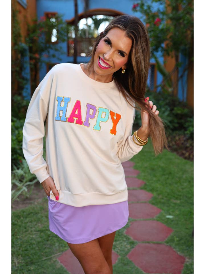 Taupe Happy Patch Pullover for wholesale on Faire6