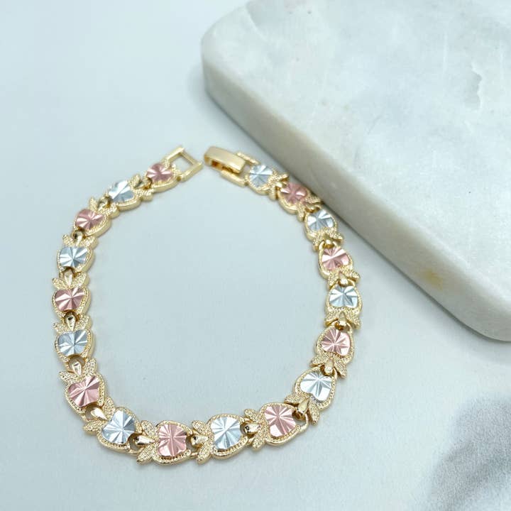 DIJU Jewelry - Wholesale Link & Chain Bracelet - 18k Gold Filled Tri-Tone Apple Heart Shape Linked Chain Bracelet, Tri-Color Bracelet, Wholesale Jewelry Making Supplies