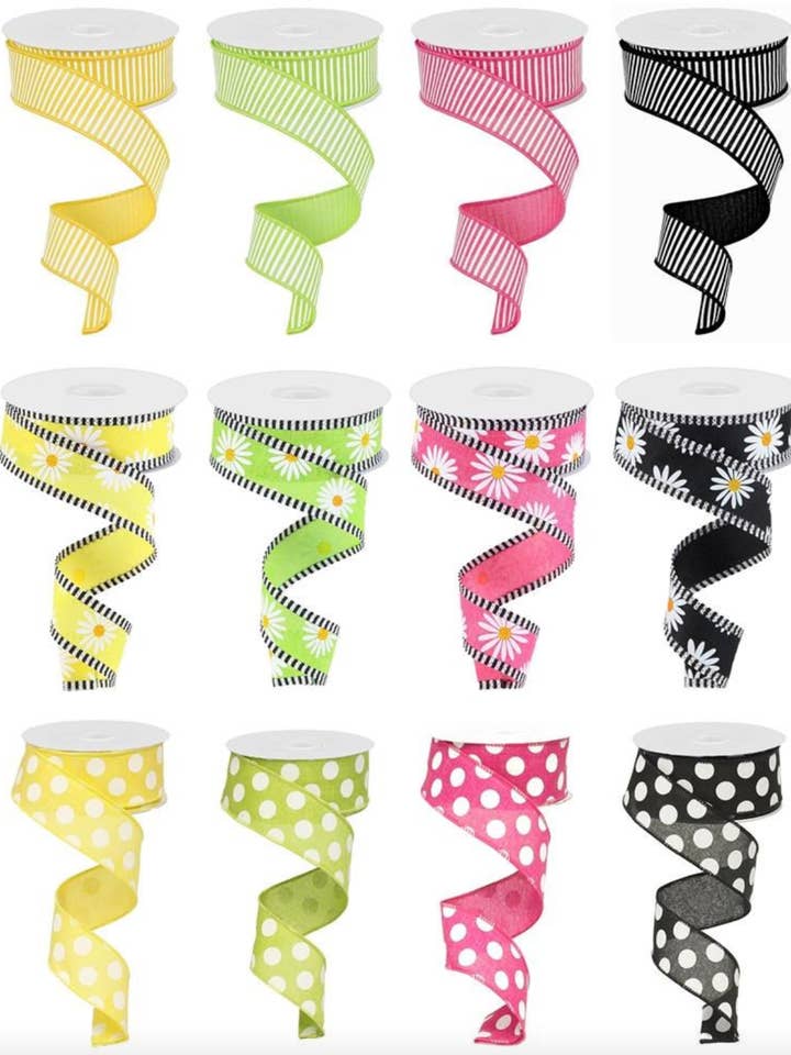 Daisy Stripe 1.5" Wired Ribbon -- 12 Pack for wholesale by Thompson Wholesale