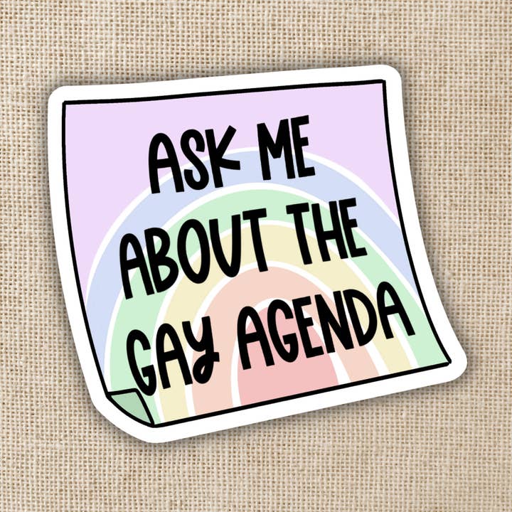Ask Me About the Gay Agenda Sticker for wholesale by Kingdom of Threads