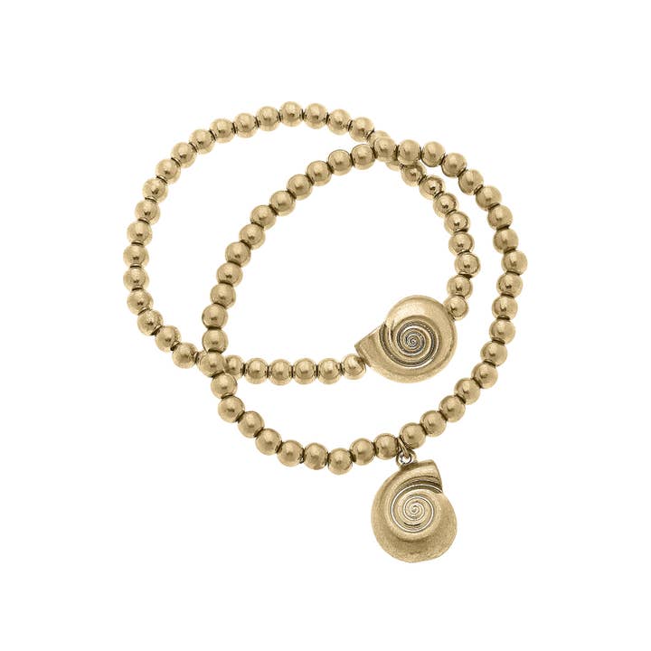 Canvas Style - Wholesale Beaded Bracelet - Cordelia Shell & Ball Bead Bracelet Set of 2 in Shiny Gold
