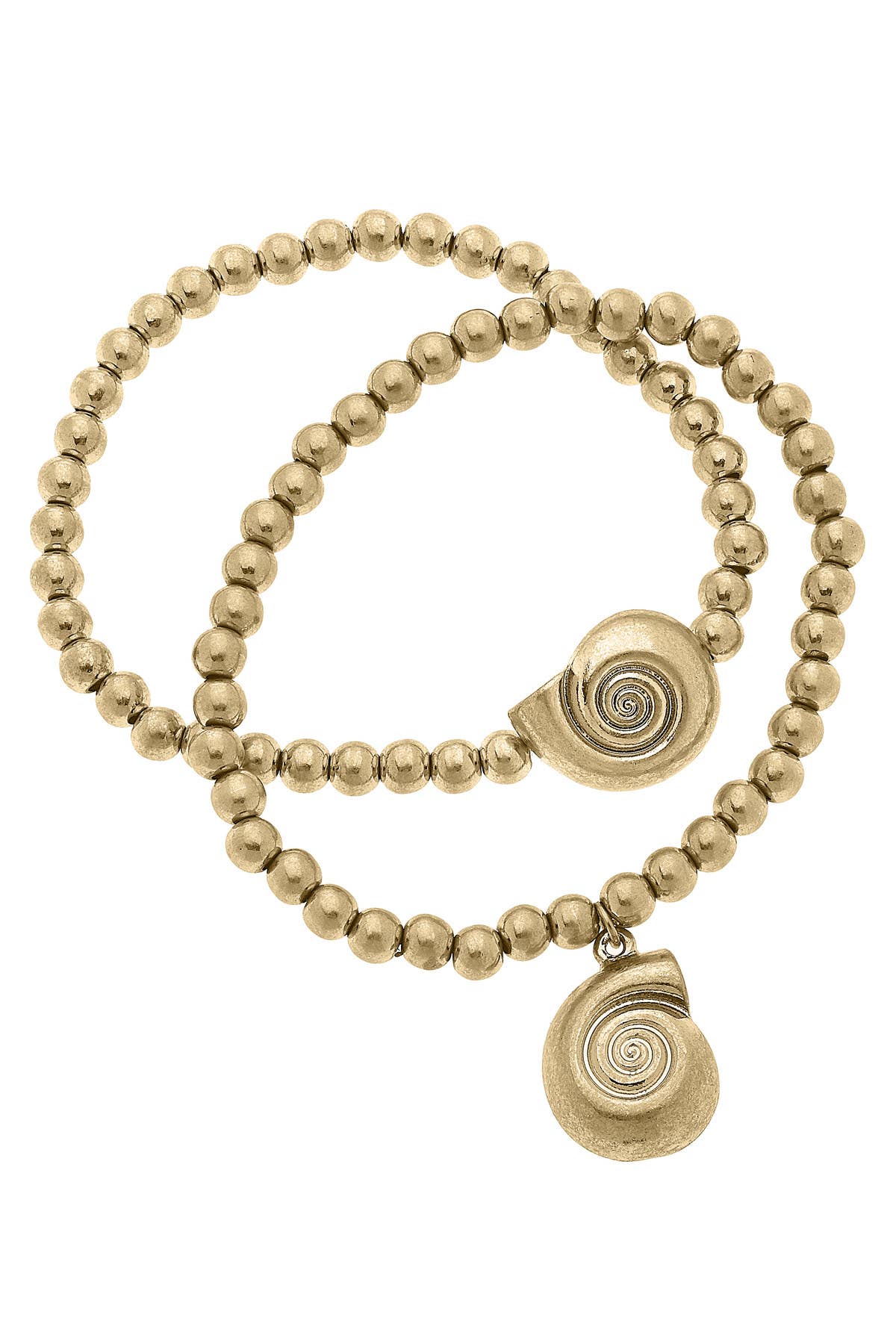 Canvas Style - Wholesale Beaded Bracelet - Cordelia Shell & Ball Bead Bracelet Set of 2 in Shiny Gold