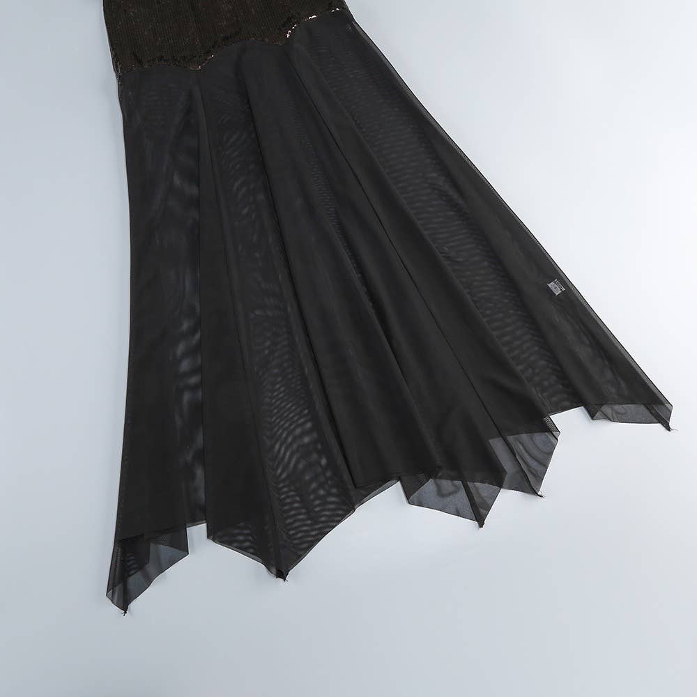 Marrón oscuro+Negro Vestido de noche elegante DR579 con cuello alto y lentejuelas translúcidas de venta al por mayor en Faire14