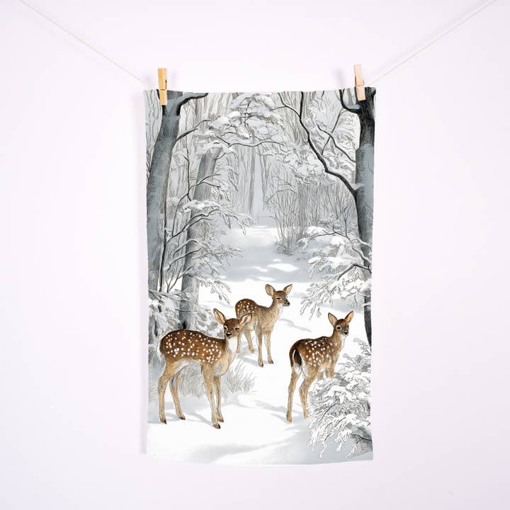 NorraVilla - Wholesale Tea towel - Linen Tea Towel - Nostalgic Christmas Reindeers in Forest