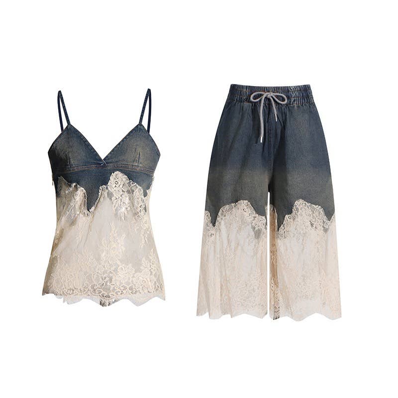 Multi Colored SET8-1 Sexy Lace Suspender Top & Denim Shorts Set for wholesale on Faire0