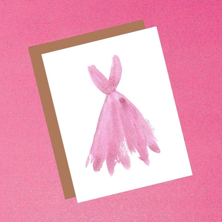 Tarjeta de felicitación de amistad con vestido de acuarela rosa en blanco para venta al por mayor de Tiffany Ascensio Designs | Watercolor Greeting Cards