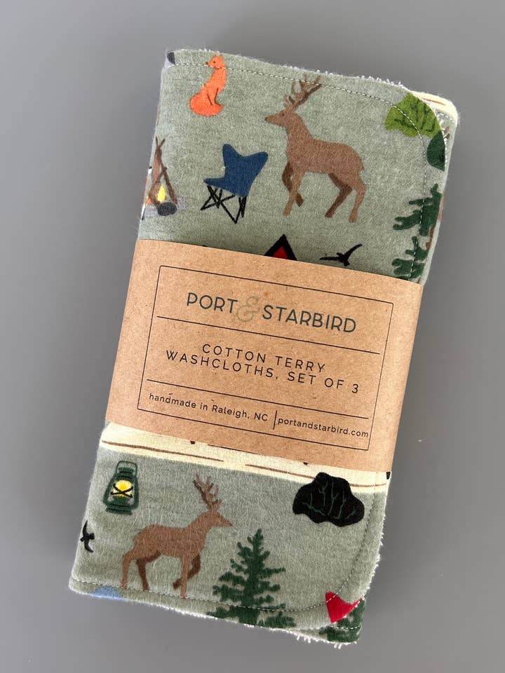 Happy Camper Cotton Flannel Terry Washcloths, set of 3 for wholesale by Port & Starbird